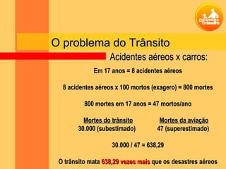 O problema do TrânsitoO problema do Trânsito
Em 17 anos = 8 acidentes aéreosEm 17 anos = 8 acidentes aéreos
8 acidentes aéreos x 100 mortos (exagero) = 800 mortes8 acidentes aéreos x 100 mortos (exagero) = 800 mortes
800 mortes em 17 anos = 47 mortos/ano800 mortes em 17 anos = 47 mortos/ano
Mortes do trânsitoMortes do trânsito Mortes da aviaçãoMortes da aviação
30.000 (subestimado)30.000 (subestimado) 47 (superestimado)47 (superestimado)
30.000 / 47 = 638,2930.000 / 47 = 638,29
O trânsito mataO trânsito mata 638,29 vezes mais638,29 vezes mais que os desastres aéreosque os desastres aéreos
Acidentes aéreos x carros:Acidentes aéreos x carros:
 