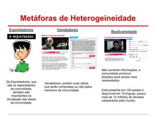 Metáforas de Heterogeineidade
  Espreitadores                 Vendedores                       Biodiversidade




                                                           Não somente informações, a
                                                           comunidade promove
                                                           doações para países mais
Os Espreitadores, que                                      necessitados.
                        Vendedores, postam suas ideias
são os espectadores     que serão compradas ou não pelos
   da comunidade,       membros da comunidade,             Está presente em 193 países e
     também são                                            disponível em 15 línguas, possui
   importantes na                                          mais de 13 milhões de ativistas
divulgação das ideias                                      cadastrados pelo mundo.
   da comunidade.
 
