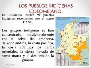 En Colombia existen 94 pueblos
indígenas reconocidos por el censo
DANE.
Los grupos indígenas se han
concentrado tradicionalmente
en: la selva del amazona.
la zona andina, la costa pacífica,
la costa atlántica los llanos
orientales, la sierra nevada de
santa marta y el desierto de la
guajira.
LOS PUEBLOS INDÍGENAS
COLOMBIANO.
12/5/2014 1Footer Text
 