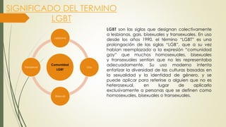 SIGNIFICADO DEL TERMINO
LGBT
LGBT son las siglas que designan colectivamente
a lesbianas, gais, bisexuales y transexuales. En uso
desde los años 1990, el término “LGBT” es una
prolongación de las siglas “LGB”, que a su vez
habían reemplazado a la expresión “comunidad
gay” que muchos homosexuales, bisexuales
y transexuales sentían que no les representaba
adecuadamente. Su uso moderno intenta
enfatizar la diversidad de las culturas basadas en
la sexualidad y la identidad de género, y se
puede aplicar para referirse a alguien que no es
heterosexual, en lugar de aplicarlo
exclusivamente a personas que se definen como
homosexuales, bisexuales o transexuales.
Comunidad
LGBT
Lesbiana
Gay
Bisexual
Transexual
 
