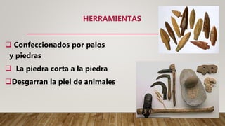 HERRAMIENTAS
 Confeccionados por palos
y piedras
 La piedra corta a la piedra
Desgarran la piel de animales
 
