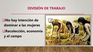 DIVISIÓN DE TRABAJO
No hay intención de
dominar a las mujeres
Recolección, economía
y el campo
 