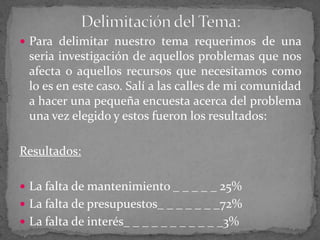  Para delimitar nuestro tema requerimos de una
 seria investigación de aquellos problemas que nos
 afecta o aquellos recursos que necesitamos como
 lo es en este caso. Salí a las calles de mi comunidad
 a hacer una pequeña encuesta acerca del problema
 una vez elegido y estos fueron los resultados:

Resultados:

 La falta de mantenimiento _ _ _ _ _ 25%
 La falta de presupuestos_ _ _ _ _ _ _72%
 La falta de interés_ _ _ _ _ _ _ _ _ _ _3%
 