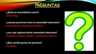 PREGUNTAS
• ¿Quién es el presidente nuevo?
Ximo Puig
• ¿cuántas provincias tiene la comunidad valenciana?
tres (Valencia, Alicante y Castellón)
• ¿con cuál regiones limita comunidad valenciana?
Cataluña, Aragón, Castilla – La Mancha y Murcia
• ¿Qué comida gustan las personas?
La Paella
 