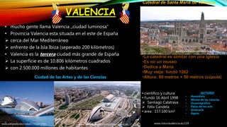VALENCIA
• mucho gente llama Valencia „ciudad luminosa“
• Provincia Valencia esta situada en el este de España
 cerca del Mar Mediterráneo
 enfrente de la Isla Ibiza (seperado 200 kilómetros)
• Valencia es la tercera ciudad más grande de España
 La superficie es de 10.806 kilómetros cuadrados
 con 2.500.000 millones de habitantes
Ciudad de las Artes y de las Ciencias
Catedral de Santa María de Valencia
SECTORES
• Hemisferic
• Museo de las ciencias
• Oceanografíco
• Palau de les arts
• Umbracle
• Ágora
•La catedral es similar con una iglesia
•Es no un museo
•Dedica a María
•Muy viejo: fundó 1262
•Altura: 80 metros + 50 metros (cúpula)
www.wikipedia.de/ciudad/2551deartes
• científico y cultura
• Fundó 16 Abril 1998
 Santiago Calatrava
 Félix Candela
• area : 157.100 km²
www.wikipedia.de/ciudad/artes/ciencias_//
www.catedraldesantamaria.es/foto
www.rioturiavalencia.es/239
 