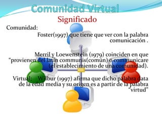 Comunidad Virtual Significado Comunidad:                    Foster(1997) que tiene que ver con la palabra comunicación . Merril y Loewenstein (1979) coinciden en que “provienen del latín communis(común) o communicare (el establecimiento de una comunidad).  Virtual:    Wilbur (1997) afirma que dicho palabra data de la edad media y su origen es a partir de la palabra “virtud” 
