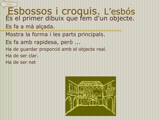 Els documents. Documents necessaris en el projecte. La memòria tècnica:  descriu tot el projecte i consta de: proposta, solucions possibles, procés de treball, funcionament, uso, materials, ... Els plànols:  són els dibuixos precisos per a dissenyar i construir el projecte. El pressupost:  recull detallats tots els costos que se calcula suposarà el projecte. Índex 