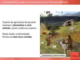 DO APARECIMENTO DA AGRICULTURA AO CONTACTO COM OS POVOS MEDITERRÂNICOS
A partir da agricultura foi possível
começar a domesticar e criar
animais, como a cabra ou o porco.
Deste modo, a alimentação
tornou-se mais rica e variada.
Domesticação e criação de animais.
5ºAno
 