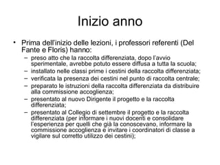 Inizio anno Prima dell’inizio delle lezioni, i professori referenti (Del Fante e Floris) hanno: preso atto che la raccolta differenziata, dopo l’avvio sperimentale, avrebbe potuto essere diffusa a tutta la scuola; installato nelle classi prime i cestini della raccolta differenziata; verificata la presenza dei cestini nel punto di raccolta centrale; preparato le istruzioni della raccolta differenziata da distribuire alla commissione accoglienza; presentato al nuovo Dirigente il progetto e la raccolta differenziata; presentato al Collegio di settembre il progetto e la raccolta differenziata (per informare i nuovi docenti e consolidare l’esperienza per quelli che già la conoscevano, informare la commissione accoglienza e invitare i coordinatori di classe a vigilare sul corretto utilizzo dei cestini); 