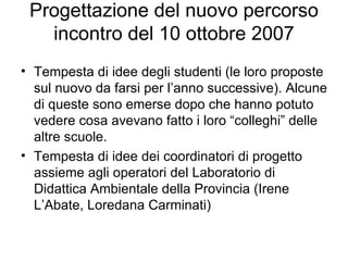 Progettazione del nuovo percorso incontro del 10 ottobre 2007 Tempesta di idee degli studenti (le loro proposte sul nuovo da farsi per l’anno successive). Alcune di queste sono emerse dopo che hanno potuto vedere cosa avevano fatto i loro “colleghi” delle altre scuole. Tempesta di idee dei coordinatori di progetto assieme agli operatori del Laboratorio di Didattica Ambientale della Provincia (Irene L’Abate, Loredana Carminati) 