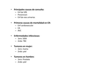• Principales causas de consulta:
    – Enf de VRS
    – Prevencion
    – Enf de vias urinarias

• Primeras causas de mortalidad en CR:
    – Enf cardiovascular
    – CA
    – AVC

• Enfermedades infecciosas:
    – 1ero: SIDA
    – 2nda: TBC

• Tumores en mujer:
    – 1ero: mama
    – 2ndo: piel

• Tumores en hombre:
    – 1ero: Prostata
    – 2ndo: piel
 
