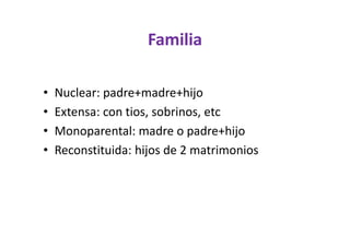 Familia

•   Nuclear: padre+madre+hijo
•   Extensa: con tios, sobrinos, etc
•   Monoparental: madre o padre+hijo
•   Reconstituida: hijos de 2 matrimonios
 