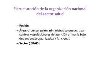 Estructuración de la organización nacional
             del sector salud

 – Región
 – Área: circunscripción administrativa que agrupa
   centros y profesionales de atención primaria bajo
   dependencia organizativa y funcional.
 – Sector ( EBAIS)
 