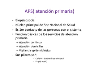 APS( atención primaria)
-   Biopsicosocial
-   Núcleo principal de Sist Nacional de Salud
-   Es 1er contacto de las personas con el sistema
•   Función básicas de los servicios de atención
    primaria
    – Atención continua
    – Atención domiciliar
    – Vigilancia epidemiológica
- Sus pilares son:
                 - Centros: estruct física funcional
                 - Ekipo( ebais)
 