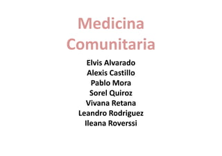 Medicina
Comunitaria
    Elvis Alvarado
    Alexis Castillo
     Pablo Mora
     Sorel Quiroz
   Vivana Retana
 Leandro Rodriguez
   Ileana Roverssi
 
