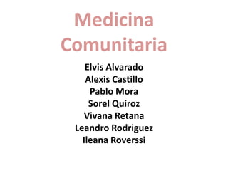 Medicina
Comunitaria
    Elvis Alvarado
    Alexis Castillo
     Pablo Mora
     Sorel Quiroz
   Vivana Retana
 Leandro Rodriguez
   Ileana Roverssi
 