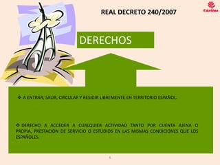 REAL DECRETO 240/2007



                           DERECHOS



 A ENTRAR, SALIR, CIRCULAR Y RESIDIR LIBREMENTE EN TERRITORIO ESPAÑOL.




 DERECHO A ACCEDER A CUALQUIER ACTIVIDAD TANTO POR CUENTA AJENA O
PROPIA, PRESTACIÓN DE SERVICIO O ESTUDIOS EN LAS MISMAS CONDICIONES QUE LOS
ESPAÑOLES.



                                        6
 
