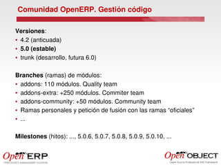 Comunidad OpenERP. Gestión código

Versiones:
● 4.2 (anticuada)


● 5.0 (estable)


● trunk (desarrollo, futura 6.0)




Branches (ramas) de módulos:
● addons: 110 módulos. Quality team 


● addons­extra: +250 módulos. Commiter team


● addons­community: +50 módulos. Community team


● Ramas personales y petición de fusión con las ramas “oficiales”


● ...




Milestones (hitos): ..., 5.0.6, 5.0.7, 5.0.8, 5.0.9, 5.0.10, ...
 