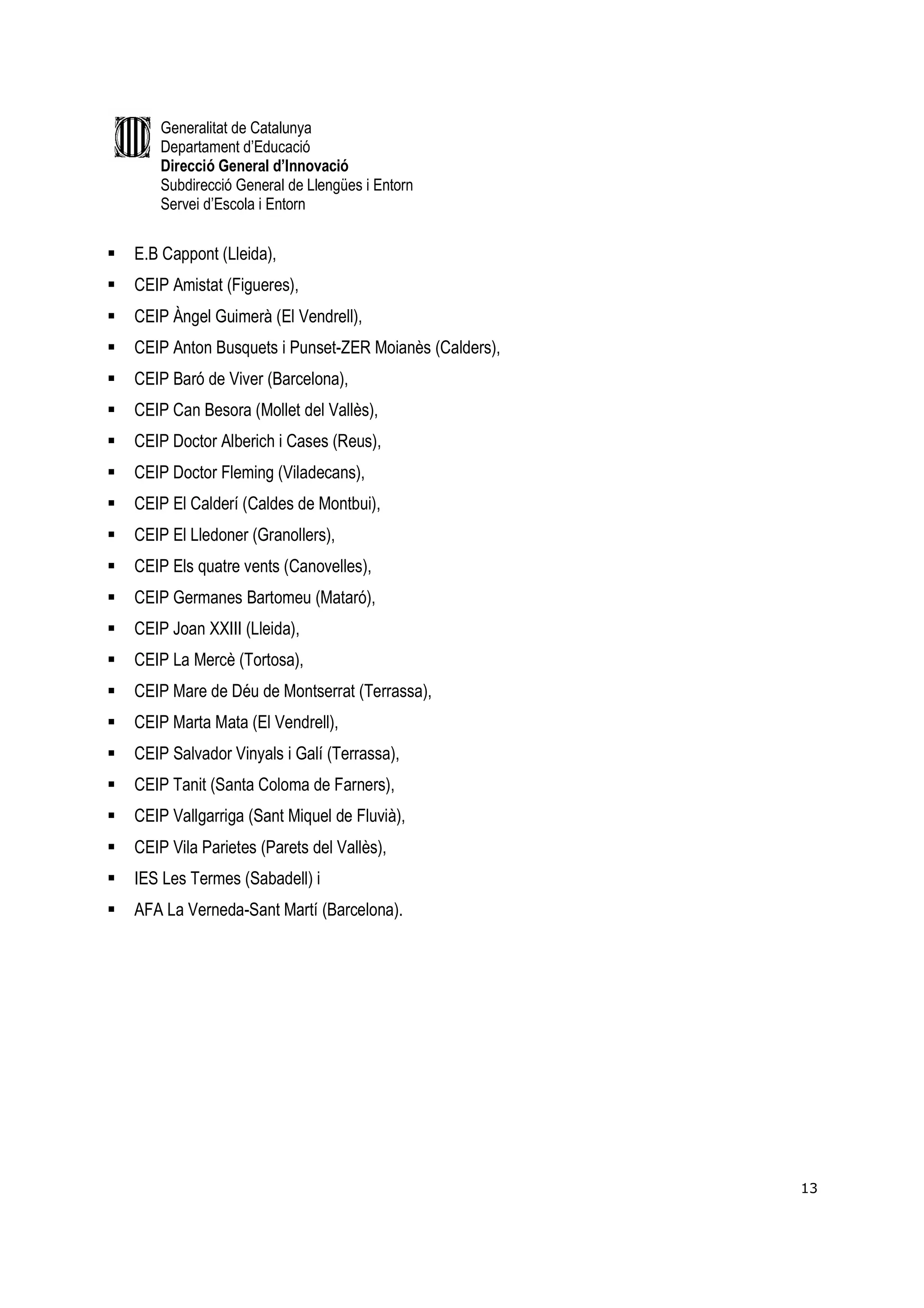 Generalitat de Catalunya
    Departament d’Educació
    Direcció General d’Innovació
    Subdirecció General de Llengües i Entorn
    Servei d’Escola i Entorn


E.B Cappont (Lleida),
CEIP Amistat (Figueres),
CEIP Àngel Guimerà (El Vendrell),
CEIP Anton Busquets i Punset-ZER Moianès (Calders),
CEIP Baró de Viver (Barcelona),
CEIP Can Besora (Mollet del Vallès),
CEIP Doctor Alberich i Cases (Reus),
CEIP Doctor Fleming (Viladecans),
CEIP El Calderí (Caldes de Montbui),
CEIP El Lledoner (Granollers),
CEIP Els quatre vents (Canovelles),
CEIP Germanes Bartomeu (Mataró),
CEIP Joan XXIII (Lleida),
CEIP La Mercè (Tortosa),
CEIP Mare de Déu de Montserrat (Terrassa),
CEIP Marta Mata (El Vendrell),
CEIP Salvador Vinyals i Galí (Terrassa),
CEIP Tanit (Santa Coloma de Farners),
CEIP Vallgarriga (Sant Miquel de Fluvià),
CEIP Vila Parietes (Parets del Vallès),
IES Les Termes (Sabadell) i
AFA La Verneda-Sant Martí (Barcelona).




                                                      13
 