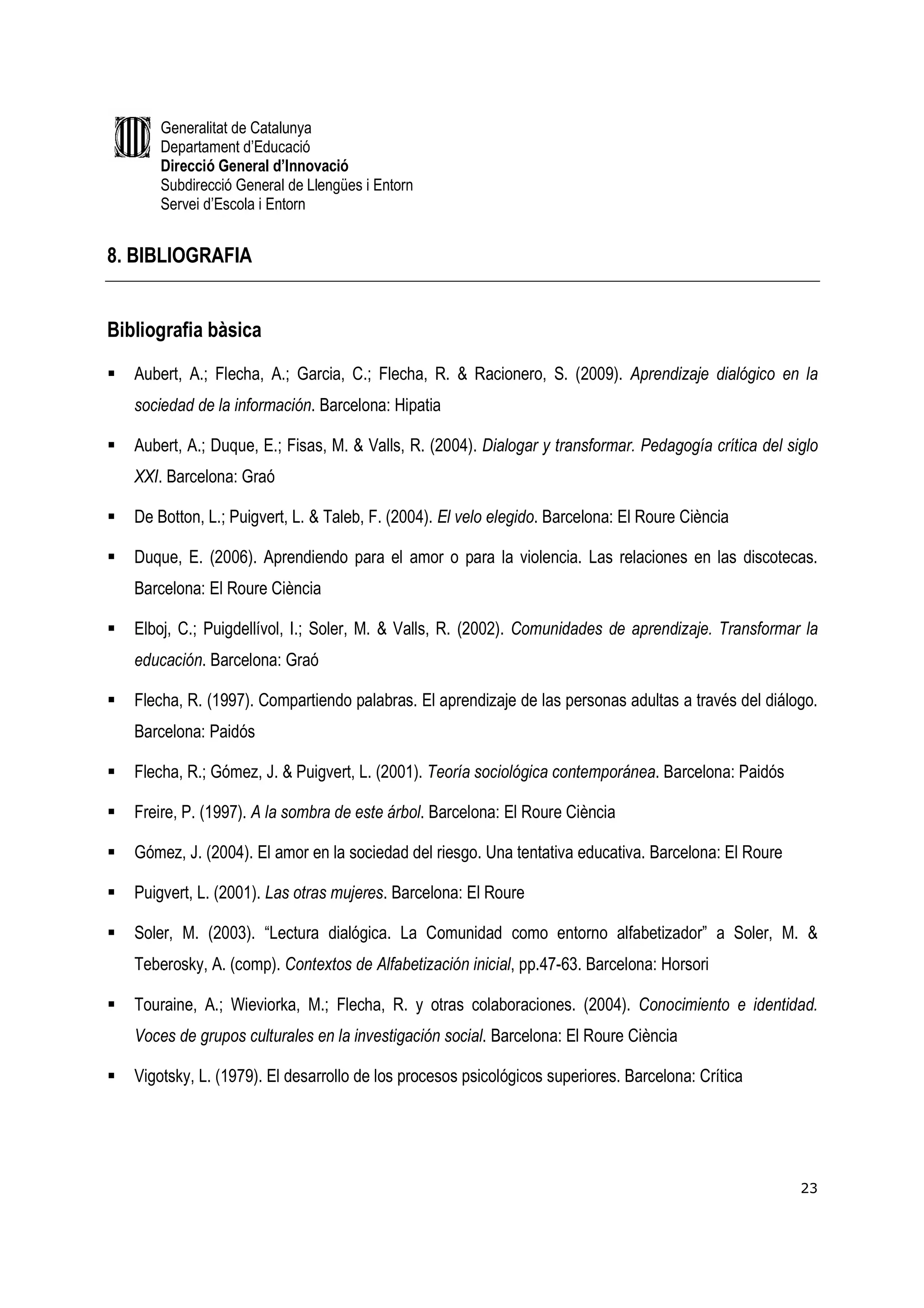Generalitat de Catalunya
       Departament d’Educació
       Direcció General d’Innovació
       Subdirecció General de Llengües i Entorn
       Servei d’Escola i Entorn


8. BIBLIOGRAFIA


Bibliografia bàsica

   Aubert, A.; Flecha, A.; Garcia, C.; Flecha, R. & Racionero, S. (2009). Aprendizaje dialógico en la
   sociedad de la información. Barcelona: Hipatia

   Aubert, A.; Duque, E.; Fisas, M. & Valls, R. (2004). Dialogar y transformar. Pedagogía crítica del siglo
   XXI. Barcelona: Graó

   De Botton, L.; Puigvert, L. & Taleb, F. (2004). El velo elegido. Barcelona: El Roure Ciència

   Duque, E. (2006). Aprendiendo para el amor o para la violencia. Las relaciones en las discotecas.
   Barcelona: El Roure Ciència

   Elboj, C.; Puigdellívol, I.; Soler, M. & Valls, R. (2002). Comunidades de aprendizaje. Transformar la
   educación. Barcelona: Graó

   Flecha, R. (1997). Compartiendo palabras. El aprendizaje de las personas adultas a través del diálogo.
   Barcelona: Paidós

   Flecha, R.; Gómez, J. & Puigvert, L. (2001). Teoría sociológica contemporánea. Barcelona: Paidós

   Freire, P. (1997). A la sombra de este árbol. Barcelona: El Roure Ciència

   Gómez, J. (2004). El amor en la sociedad del riesgo. Una tentativa educativa. Barcelona: El Roure

   Puigvert, L. (2001). Las otras mujeres. Barcelona: El Roure

   Soler, M. (2003). “Lectura dialógica. La Comunidad como entorno alfabetizador” a Soler, M. &
   Teberosky, A. (comp). Contextos de Alfabetización inicial, pp.47-63. Barcelona: Horsori

   Touraine, A.; Wieviorka, M.; Flecha, R. y otras colaboraciones. (2004). Conocimiento e identidad.
   Voces de grupos culturales en la investigación social. Barcelona: El Roure Ciència

   Vigotsky, L. (1979). El desarrollo de los procesos psicológicos superiores. Barcelona: Crítica




                                                                                                        23
 