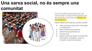 Una xarxa social, no és sempre una
comunitat
Una comunitat virtual sempre és una
xarxa social, es basa en les relacions de
les persones, però amb un objectiu que
els cohesiona.
Altres diferències amb les xarxes socials:
● certa jerarquia (comunity mannager
o moderador)
● tipus d’informació definida
● sentiment de pertenencia
● normes d’ús
● podem parlar de grups a Facebook,
comunitats a Google+, grups a
Linkedin, solucions propies
 
