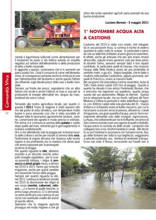 sforzi dei nostri operatori agricoli siano premiati da una
                                                                               buona produzione.

                                                                                                   Luciano Borean - 5 maggio 2011


                                                                               1° NOVEMBRE ACQUA AlTA
                                                                               A CASTIONS
                                                                               L’autunno del 2010 è stato così umido, che indugian-
                                                                               do in una posizione fissa, si correva il rischio di vedersi
                                                                               spuntare le radici sotto le scarpe. In particolare il perio-
                                                                               do che va dalla fine d’ottobre ai primi giorni di novembre.
                cereali e leguminose (utilizzati come alimentazione per        In effetti, anche gli artesiani che per anni erano rimasti
                il bestiame) ha avuto e sta tuttora avendo un impatto          all’asciutto, oppure erano generosi solo per brevi perio-
                negativo sul settore dell’allevamento e della produzione       di durante l’anno, avevano sempre dato il loro liquido
                di latte a livello nazionale.                                  contributo. In particolare quelli di Cevraia, che ricevono
                In aggiunta a questo, osserviamo che è in aumento nei          l’acqua dalla falda freatica posta ad una profondità di
                paesi asiatici (es. Cina) il consumo di carne nell’alimenta-   ventotto metri, o giù di li. Segno tangibile, che le falde o
                zione, di conseguenza aumenta anche la richiesta di soia       risultuns nella parlata Castionese, oppure gromanie, per
comunità viva




                per l’alimentazione del bestiame e anche questo fattore        quelli di Poincicco, erano ai massimi livelli.
                sta influendo sugli elevati prezzi della soia a livello mon-   Nei sei giorni che precedono il primo novembre, festa di
                diale.                                                         Tutti i Santi erano caduti 220 mm di pioggia. Questo è
                Sempre sul fronte dei prezzi, segnaliamo che un altro          quanto ha rilevato il mio amico Ferdinando Borean, che
                fattore che incide è anche l’utilizzo di mais e soia per la    è precisino nel registrare sul quaderno, quanta acqua
                produzione di energie alternative (es. biogas da mais,         svuota dal suo pluviometro. Meglio di internet. Questa
                biodiesel da soia e colza).                                    era la situazione locale, ma sui monti, nell’area dei fiumi
                                                                               Meduna e Cellina la piovosità è stata addirittura maggio-
                Tornando alla nostra agricoltura locale, per quanto ri-        re, con 300mm caduti nella sola giornata del 31. I bacini
                guarda il 2011 l’inizio di stagione è stato davvero otti-      di Barcis e di Ravedis erano al livello massimo, per cui fu
                mo dal punto di vista climatico, con temperature molto         necessario scaricare verso la pianura, attraverso i canali
  12            buone e poca piovosità così che è stato possibile ef-          d’irrigazione, una gran quantità d’acqua, perciò i fiumi nor-
                fettuare tutte le lavorazioni agronomiche (arature, semi-      malmente alimentati solo dalle risorgive, ingrossarono.
                ne, conversione dei vigneti) in modo preciso e ordinato.       La Rupa, che solitamente per noi è ininfluente, nei pressi di
                Per prima si è conclusa la semina della patata e subito        San Lorenzo esondò e per una ragione di quote e dislivelli,
                dopo quella del mais, entrambi già in germogliamento in        l’acqua prese la comoda via delle strade campestri che
                maniera soddisfacente.                                         collegano loro a noi, trasformandole in canali. Alle diciot-
                Ora si sta attendendo solo la pioggia per la buona riusci-     to su via Fontanive in assonanza con il proprio nome, (luo-
                ta delle colture e anche per iniziare la semina della soia;    go delle fontane) per tutta la sua larghezza, viaggiavano
                l’anticiclone di origine africana che staziona sulle nostre    a velocità sostenuta, una trentina di centimetri d’acqua.
                regioni si sta protraendo ora in maniera che desta qual-       Cosa mai vista. Il flusso, incrociando via Favetti non si
                che preoccupazione per la prolungata
                assenza di piogge.
                Per quanto riguarda la vite, abbiamo
                assistito a un discreto nonché antici-
                pato risveglio vegetativo; per la scar-
                sa piovosità tuttavia, i vitigni di pro-
                secco e pinot grigio messi a dimora
                nel 2010 e 2011 hanno già richiesto
                irrigazione, anche per questi sarebbe
                ora favorevole l’arrivo della pioggia.
                Sempre per quanto riguarda la vite,
                nel 2011 continua la tendenza iniziata
                nel 2010 di dismissione dei vitigni di
                uve rosse (merlot, cabernet, refo-
                sco ….) a favore di quelle bianche, in
                primo luogo prosecco. Ci si domanda
                se potrà verificarsi una carenza di uve
                rosse con eventuale risalita dei prezzi
                di queste ultime.
                Speriamo che la stagione agricola
                prosegua nel modo migliore e che gli
 