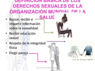 DEFINICIÓN BÁSICA DE LOS
DERECHOS SEXUALES DE LA
ORGANIZACIÓN MUNDIAL DE LA
SALUD• Buscar, recibir e
impartir información
sobre la sexualidad.
• Recibir educación
sexual
• Respeto de la integridad
física
• Elegir pareja
Grupo Nº 5 Desarrollo Comunitario
 