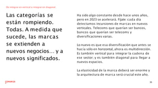De integrar en vertical a integrar en diagonal.
Las categorías se
están rompiendo.
Todas. A medida que
sucede, las marcas
se extienden a
nuevos negocios… y a
nuevos significados.
Ha sido algo constante desde hace unos años,
pero en 2023 se acelerará. Fíjate: cada día
detectamos incursiones de marcas en nuevos
verticales. Telecoms que querían ser bancos,
bancos que querían ser telecoms y
diversificaciones varias.
35
Lo nuevo es que esa diversificación que antes se
hacía sólo en horizontal, ahora es multidirección.
Es también vertical para integrar la cadena de
ese sector; y es también diagonal para llegar a
nuevos espacios.
La elasticidad de la marca deberá ser enorme y
la arquitectura de marca será crucial este año.
 