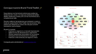 Desarrollamos una herramienta práctica para analizar las
tendencias de tu sector. Un mapa que clusteriza las señales
débiles, tendencias y modas junto con los movimientos de tu
competencia por ejes.
Decubre cuáles son las tendencias que cambiarán tu sector a
través de nuestro Brand Trend Toolkit. Una herramienta 100%
práctica que utilizamos en nuestro día a día para convertir
amenazas en oportunidades.
Es para ti si quieres:
- Posicionar tu negocio en un mercado hipersaturado
- Agilizar la toma de decisiones de tu organización
- Generar experiencias memorables con tus usuarios
- Anticiparte a los movimientos de tu competencia
- Potenciar a nivel comercial y de negocio tu marca
Consíguelo gratis solicitándolo en hola@comuniza.com
Consigue nuestro Brand Trend Toolkit Brand Trend Toolkit
 