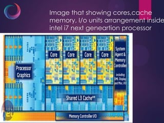 Image that showing cores,cache
memory, I/o units arrangement inside
intel i7 next geneartion processor
 