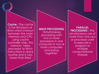 Cache : The cache
is the first block of
RAM which interact
between the main
memory and CPU
using cache
controller chip. This
memory helps
processor to fetch
instructions in quick
routine and is very
faster than RAM
MULTI PROCESSING
: Simultaneous
processing with
two or more
processors in one
computer or two or
more computers
processing
together.
PARALLEL
PROCESSING : The
simultaneous use of
more than one cpu
or processor core
to execute a
program or
multiple
computational
threads
 