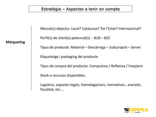 Estratègia – Aspectes a tenir en compte

Mercat(s) objectiu: Local? Catalunya? Tot l’Estat? Internacional?
Perfil(s) de client(s) potencial(s) - B2B – B2C
Màrqueting

Tipus de producte: Material – Descàrrega – Subscripció – Servei
Etiquetatge i packaging del producte
Tipus de compra del producte: Compulsiva / Reflexiva / Freqüent
Stock o recursos disponibles.
Logística, aspectes legals, homologacions, normatives , aranzels,
fiscalitat, etc....

 