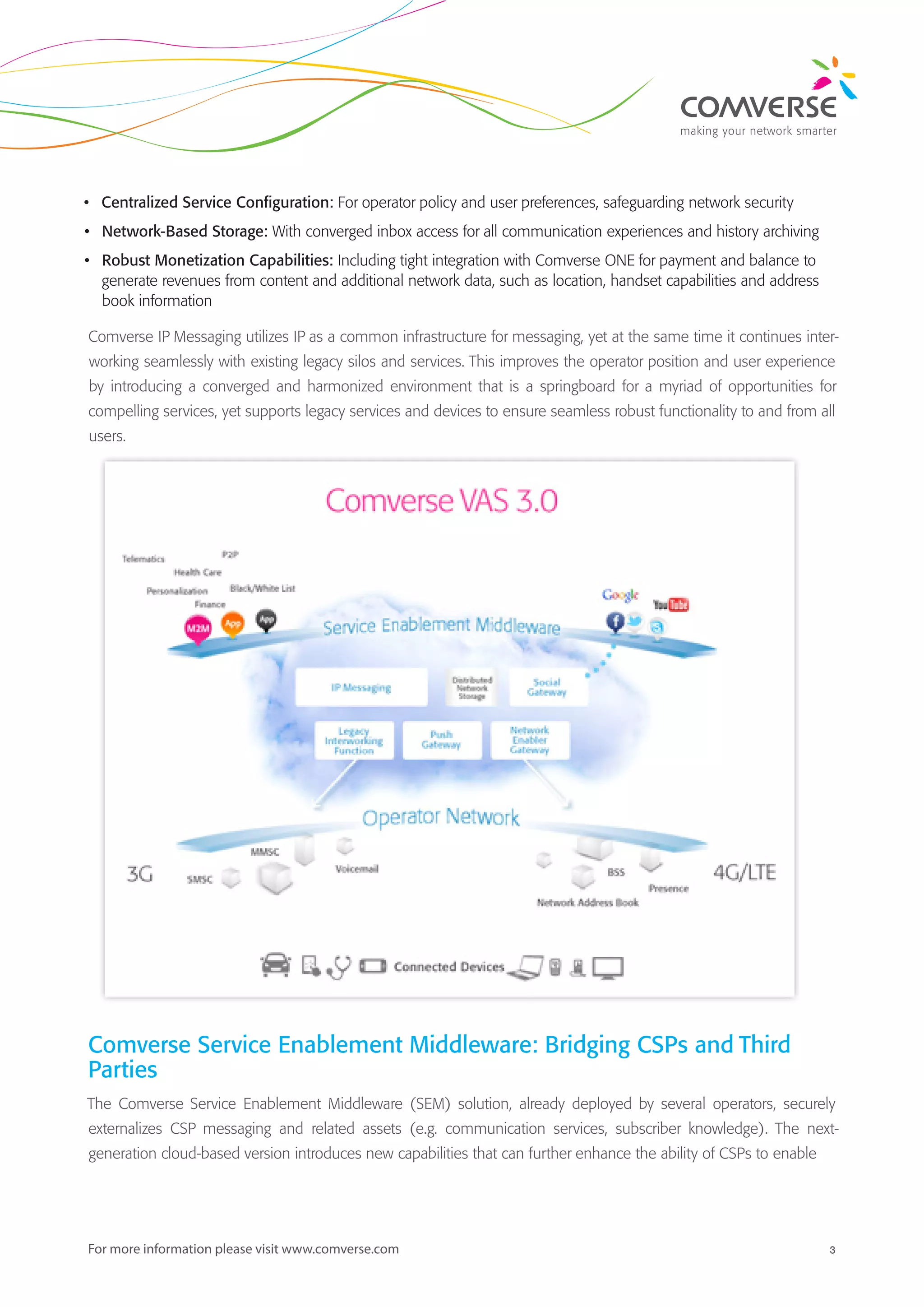 3For more information please visit www.comverse.com
Centralized Service Configuration:•	 For operator policy and user preferences, safeguarding network security
Network-Based Storage:•	 With converged inbox access for all communication experiences and history archiving
Robust Monetization Capabilities:•	 Including tight integration with Comverse ONE for payment and balance to
generate revenues from content and additional network data, such as location, handset capabilities and address
book information
Comverse IP Messaging utilizes IP as a common infrastructure for messaging, yet at the same time it continues inter-
working seamlessly with existing legacy silos and services. This improves the operator position and user experience
by introducing a converged and harmonized environment that is a springboard for a myriad of opportunities for
compelling services, yet supports legacy services and devices to ensure seamless robust functionality to and from all
users.
Comverse Service Enablement Middleware: Bridging CSPs and Third
Parties
The Comverse Service Enablement Middleware (SEM) solution, already deployed by several operators, securely
externalizes CSP messaging and related assets (e.g. communication services, subscriber knowledge). The next-
generation cloud-based version introduces new capabilities that can further enhance the ability of CSPs to enable
 