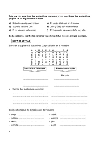 15
Subraya con una línea los sustantivos comunes y con dos líneas los sustantivos
propios de las siguientes oraciones.
a) Rolando estudia en mi colegio b) El volcán Misti está en Arequipa
c) Su perro se llama Gufi d) José y Gaby son mis hermanos
e) El río Mantaro es hermoso f) El Huascarán es una montaña muy alta.
En tu cuaderno, escribe los nombres y apellidos de tus mejores amigos o amigas.
SOPA DE LETRAS
Busca en el pupiletras 8 sustantivos. Luego ubícalos en el recuadro:
A V M A R I Q U I T A
Q I M A L C U S C O C
B C K J F P L A Y A O
C T J O R S S T U V M
D O I S Y P E L O T A
E R H E W A D B C O N
F G E N I Ñ A F G H O
 Escribe diez sustantivos concretos:
……………………………………………… ………………………………………………
……………………………………………… ………………………………………………
……………………………………………… ………………………………………………
……………………………………………… ………………………………………………
……………………………………………… ………………………………………………
Escribe el colectivo de. Selecciónalos del recuadro
- oveja ………………………………… - árbol …………………………………
- soldado………………………………… - paloma …………………………………
- cerdo ………………………………… - pez …………………………………
- estrella ………………………………… - perro …………………………………
Sustantivos Comunes Sustantivos Propios
............................................. Mariquita
............................................. .............................................
............................................. .............................................
............................................. .............................................
 