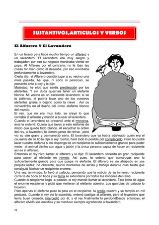 28
El Alfarero Y El Lavandero
En un lejano país hace mucho tiempo un alfarero y
un lavandero: El lavandero era muy alegre y
trabajador; por eso su negocio marchaba viento en
popa. Al Alfarero por el contrario, no le iban las
cosas tan bien como él deseaba; por eso envidiaba
profundamente al lavandero.
Cierto día el Alfarero decidió jugar a su vecino una
mala pasada. Así que, ni corto ni perezoso, se
presentó ante el rey y le dijo:
Majestad, he oído que sentís predilección por los
elefantes. Y sin duda querríais tener un elefante
blanco. Mi vecino es un excelente lavandero; si se
lo pidierais, el podría lavar uno de los vuestros
elefantes grises y dejarlo como la nieve . Así os
convertiréis en el dueño del único elefante blanco
del mundo.
El rey, que no era muy listo, se creyó lo que
contaba el alfarero y mandó a buscar al lavandero.
Cuando el lavandero se presentó ante el monarca,
este le ordenó: Quiero que laves a este elefante de
modo que quede todo blanco. Al escuchar la orden
del rey, al lavandero le dieron ganas de reírse , pero
vio su aire grave y permaneció serio. El lavandero que ya había adivinado quién era el
causante de tal lío le dijo al rey: Señor, haré todo lo posible por complacerlo. Pero no podré
lavar vuestro elefante si no dispongo de un recipiente lo suficientemente grande para poder
meter al animal dentro con agua y jabón y la única persona capaz de hacer un recipiente
así es el alfarero.
Entonces el rey hizo llamar al alfarero y le dijo: El lavandero necesita un gran recipiente
para poner al elefante en remojo. Así pues, te ordeno que construyas uno lo
suficientemente grande para que quepa mi elefante. El alfarero se vio atrapado en sus
propias redes; no obstante, reunió montañas de arcilla y trabajó durante días hasta que
consiguió fabricar un recipiente enorme.
Una vez terminado, lo llevó al palacio, pensando que la noticia de su inmenso recipiente
correría de boca en boca y su fama se extendería por todos los rincones del reino.
Cuando el recipiente llegó a palacio, el rey mandó llamar al lavandero. Éste llenó de agua
el enorme recipiente y pidió que metieran al elefante adentro. Los guardias de palacio lo
hicieron.
Pero apenas el elefante puso la pata en el recipiente, la arcilla quebró y se rompió en mil
pedazos. Cuando el rey vio lo sucedido, ordenó castigar al alfarero, pero el lavandero que
tenía buen corazón, intercedió por él, y el rey finalmente lo perdonóDesde entonces, el
alfarero olvidó sus envidias y se mantuvo siempre agradecido al lavandero.
SUSTANTIVOS,ARTICULOS Y VERBOS
 