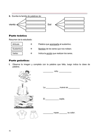 34
6. Escribe la familia de palabras de:
viento Sol
Parte teórica
Resumen de lo estudiado:
Artículo  Palabra que acompaña al sustantivo.
Sustantivo  Nombre de los seres que nos rodean.
Verbo  Indica la acción que realizan los seres.
Parte práctica:
I. Observa la imagen y completa con la palabra que falta, luego indica la clase de
palabra.
_________ niño ___________
La ____________ nueva se __________
El ____________ sopla.
_________ ropas _______ su color.
 