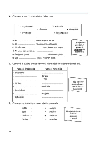 47
4. Completo el texto con un adjetivo del recuadro.
a) El .............................. lucero apenas se ve.
b) El .............................. niño duerme en la calle.
c) Un alumno .............................. cumple con sus tareas.
d) No viajo por carreteras ..............................
e) Tengo un padre ............................., todo lo comparte.
f) Los .............................. chicos hicieron bulla.
7. Completo el cuadro con los adjetivos: expresados en el género que les falta.
Género masculino Género femenino
- extranjero
- ........................................
- ........................................
- cortito
- ........................................
- bondadoso
- ........................................
- trabajador
- .....................................
- largas
- .....................................
- .....................................
- delicada
- .....................................
- mojada
- .....................................
8. Emparejo los sustantivos con el adjetivo adecuado:
colita   mojado
ojos   peluda
narices   saltones
hocico   rosadas
 responsable  benévolo
 diminuto  riesgosas
 revoltosos  desamparado
Los adjetivos
pueden ir
antes o
después del
sustantivo
Todo adjetivo
tiene género:
femenino o
masculino.
rica
El adjetivo tiene
número:
singular
o plural
 