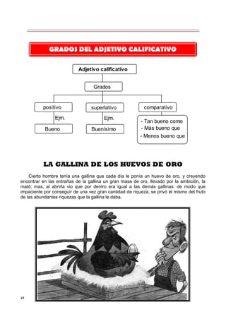 49
Adjetivo calificativo
positivo
Bueno
superlativo
Buenísimo
comparativo
- Tan bueno como
- Más bueno que
- Menos bueno que
Grados
Ejm. Ejm.
LA GALLINA DE LOS HUEVOS DE ORO
Cierto hombre tenía una gallina que cada día le ponía un huevo de oro, y creyendo
encontrar en las entrañas de la gallina un gran masa de oro, llevado por la ambición, la
mató; mas, al abrirla vio que por dentro era igual a las demás gallinas: de modo que
impaciente por conseguir de una vez gran cantidad de riqueza, se privó él mismo del fruto
de las abundantes riquezas que la gallina le daba.
GRADOS DEL ADJETIVO CALIFICATIVO
 