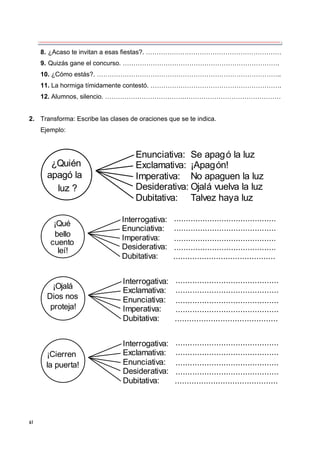 61
8. ¿Acaso te invitan a esas fiestas?. ………………………………………………………
9. Quizás gane el concurso. ……………………………………………………………….
10. ¿Cómo estás?. …………………………………………………………………………..
11. La hormiga tímidamente contestó. …………………………………………………….
12. Alumnos, silencio. ……………………………….………………………………………
2. Transforma: Escribe las clases de oraciones que se te indica.
Ejemplo:
¿Quién
Enunciativa: Se apagó la luz
Exclamativa: ¡Apagón!
Imperativa: No apaguen la luz
Desiderativa: Ojalá vuelva la luz
Dubitativa: Talvez haya luz
apagó la
luz ?
Interrogativa:
Enunciativa:
Imperativa:
Desiderativa:
Dubitativa:
.............................................
.............................................
.............................................
.............................................
.............................................
¡Qué
bello
cuento
leí!
Interrogativa:
Exclamativa:
Enunciativa:
Imperativa:
Dubitativa:
.............................................
.............................................
.............................................
.............................................
.............................................
¡Ojalá
Dios nos
proteja!
Interrogativa:
Exclamativa:
Enunciativa:
Desiderativa:
Dubitativa:
.............................................
.............................................
.............................................
.............................................
.............................................
¡Cierren
la puerta!
 