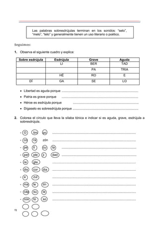 72
Seguimos:
1. Observa el siguiente cuadro y explica:
Sobre esdrújula Esdrújula Grave Aguda
LI BER TAD
PA TRIA
HÉ RO E
DÍ GA SE LO
 Libertad es aguda porque ......................................................................................
 Patria es grave porque ......................................................................................
 Héroe es esdrújula porque ..........................................................................
 Dígaselo es sobresdrújula porque ..........................................................................
2. Colorea el círculo que lleva la sílaba tónica e indicar si es aguda, grave, esdrújula a
sobresdrújula.
- O lim po ..............................................................................................
- co ra zón ..............................................................................................
- pe lí cu la ....................................................................................
- per ple ji dad ....................................................................................
- re gla ..............................................................................................
- dis cor dia ..............................................................................................
- a zul ..............................................................................................
- ma le tín ..............................................................................................
- cáp su la ..............................................................................................
- cos to so ..............................................................................................
Las palabras sobresdrújulas terminan en los sonidos: “selo”,
“melo”, “telo” y generalmente tienen un uso literario o poético.
 