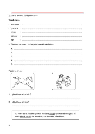 86
¿Cuánto hemos comprendido?
Vocabulario
- Alazanes : ................................................................................................................
- gozosos : ................................................................................................................
- brioso : ................................................................................................................
- galopar : ................................................................................................................
- ágil : ................................................................................................................
 Elaboro oraciones con las palabras del vocabulario:
1. ................................................................................................................................
2. ................................................................................................................................
3. ................................................................................................................................
4. ................................................................................................................................
5. ................................................................................................................................
Parte teórica
1. ¿Qué hace el caballo?
................................................................................................................................
2. ¿Qué hace el niño?
................................................................................................................................
El verbo es la palabra que nos indica la acción que realiza el sujeto; es
decir lo que hacen las personas, los animales o las cosas.
 