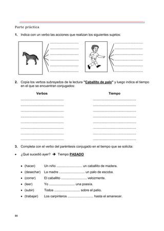 88
Parte práctica
1. Indica con un verbo las acciones que realizan los siguientes sujetos:
............................... ...............................
............................... ...............................
............................... ...............................
............................... ...............................
............................... ...............................
............................... ...............................
2. Copia los verbos subrayados de la lectura "Caballito de palo" y luego indica el tiempo
en el que se encuentran conjugados:
Verbos Tiempo
............................................... ...............................................
............................................... ...............................................
............................................... ...............................................
............................................... ...............................................
............................................... ...............................................
............................................... ...............................................
............................................... ...............................................
............................................... ...............................................
3. Completa con el verbo del paréntesis conjugado en el tiempo que se solicita:
 ¿Qué sucedió ayer?  Tiempo PASADO
 (hacer) Un niño ............................ un caballito de madera.
 (desechar) La madre ............................ un palo de escoba.
 (correr) El caballito ............................ velozmente.
 (leer) Yo ............................ una poesía.
 (subir) Todos ............................ sobre el patio.
 (trabajar) Los carpinteros ............................ hasta el amanecer.
 