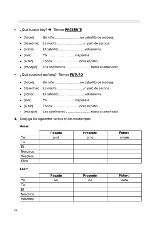 89
 ¿Qué sucede hoy?  Tiempo PRESENTE
 (hacer) Un niño ............................ un caballito de madera.
 (desechar) La madre ............................ un palo de escoba.
 (correr) El caballito ............................ velozmente.
 (leer) Yo ............................ una poesía.
 (subir) Todos ............................ sobre el patio.
 (trabajar) Los carpinteros ............................ hasta el amanecer.
 ¿Qué sucederá mañana? Tiempo FUTURO
 (hacer) Un niño ............................ un caballito de madera.
 (desechar) La madre ............................ un palo de escoba.
 (correr) El caballito ............................ velozmente.
 (leer) Yo ............................ una poesía.
 (subir) Todos ............................ sobre el patio.
 (trabajar) Los carpinteros ............................ hasta el amanecer.
4. Conjuga los siguientes verbos en los tres tiempos:
Amar:
Pasado Presente Futuro
Yo amé amo amaré
Tú
Él
Nosotros
Vosotros
Ellos
Leer:
Pasado Presente Futuro
Yo leí leo leeré
Tú
Él
Nosotros
Vosotros
 