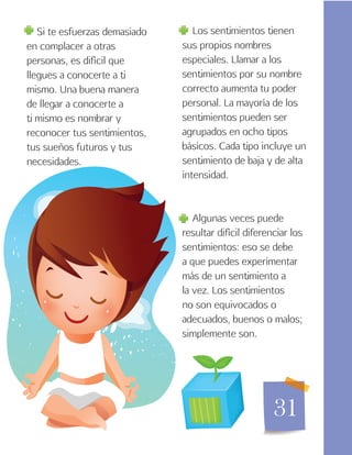 31
Si te esfuerzas demasiado
en complacer a otras
personas, es difícil que
llegues a conocerte a ti
mismo. Una buena manera
de llegar a conocerte a
ti mismo es nombrar y
reconocer tus sentimientos,
tus sueños futuros y tus
necesidades.
Los sentimientos tienen
sus propios nombres
especiales. Llamar a los
sentimientos por su nombre
correcto aumenta tu poder
personal. La mayoría de los
sentimientos pueden ser
agrupados en ocho tipos
básicos. Cada tipo incluye un
sentimiento de baja y de alta
intensidad.
Algunas veces puede
resultar difícil diferenciar los
sentimientos: eso se debe
a que puedes experimentar
más de un sentimiento a
la vez. Los sentimientos
no son equivocados o
adecuados, buenos o malos;
simplemente son.
 