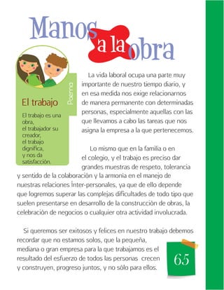 65
El trabajo
El trabajo es una
obra,
el trabajador su
creador,
el trabajo
dignifica,
y nos da
satisfacción.
a la
Manos
obra
La vida laboral ocupa una parte muy
importante de nuestro tiempo diario, y
en esa medida nos exige relacionarnos
de manera permanente con determinadas
personas, especialmente aquellas con las
que llevamos a cabo las tareas que nos
asigna la empresa a la que pertenecemos.
Lo mismo que en la familia o en
el colegio, y el trabajo es preciso dar
grandes muestras de respeto, tolerancia
y sentido de la colaboración y la armonía en el manejo de
nuestras relaciones Ínter-personales, ya que de ello depende
que logremos superar las complejas dificultades de todo tipo que
suelen presentarse en desarrollo de la construcción de obras, la
celebración de negocios o cualquier otra actividad involucrada.
Si queremos ser exitosos y felices en nuestro trabajo debemos
recordar que no estamos solos, que la pequeña,
mediana o gran empresa para la que trabajamos es el
resultado del esfuerzo de todos las personas crecen
y construyen, progreso juntos, y no sólo para ellos.
Poema
 