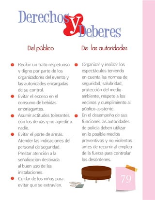 79
De las autoridadesDel público
Organizar y realizar los
espectáculos teniendo
en cuenta las normas de
seguridad, salubridad,
protección del medio
ambiente, respeto a los
vecinos y cumplimiento al
público asistente.
En el desempeño de sus
funciones las autoridades
de policía deben utilizar
en lo posible medios
preventivos y no violentos
antes de recurrir al empleo
de la fuerza para controlar
los desórdenes.
Recibir un trato respetuoso
y digno por parte de los
organizadores del evento y
las autoridades encargadas
de su control.
Evitar el exceso en el
consumo de bebidas
embriagantes.
Asumir actitudes tolerantes
con los demás y no agredir a
nadie.
Evitar el porte de armas.
Atender las indicaciones del
personal de seguridad.
Prestar atención a la
señalización destinada
al buen uso de las
instalaciones.
Cuidar de los niños para
evitar que se extravíen.
yDerechos
Deberes
 