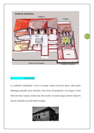 5




7.             Les insulae.


La població majoritària vivia en insulae, tenien diversos pisos, amb petits

habitatges gairebé sense finestres. Eren d’un sol propietari i les llogava. Eren

fetes de fusta i maons, tenien una sola escala i no tenien aigua corrent. Quan hi

havien incendis era molt difícil escapar.
 