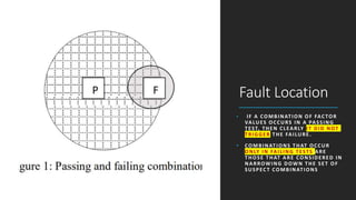 Fault Location
• IF A COMBINATION OF FACTOR
VALUES OCCURS IN A PASSING
TEST, THEN CLEARLY IT DID NOT
TRIGGER THE FAILURE.
• COMBINATIONS THAT OCCUR
ONLY IN FAILING TESTS ARE
THOSE THAT ARE CONSIDERED IN
NARROWING DOWN THE SET OF
SUSPECT COMBINATIONS
 