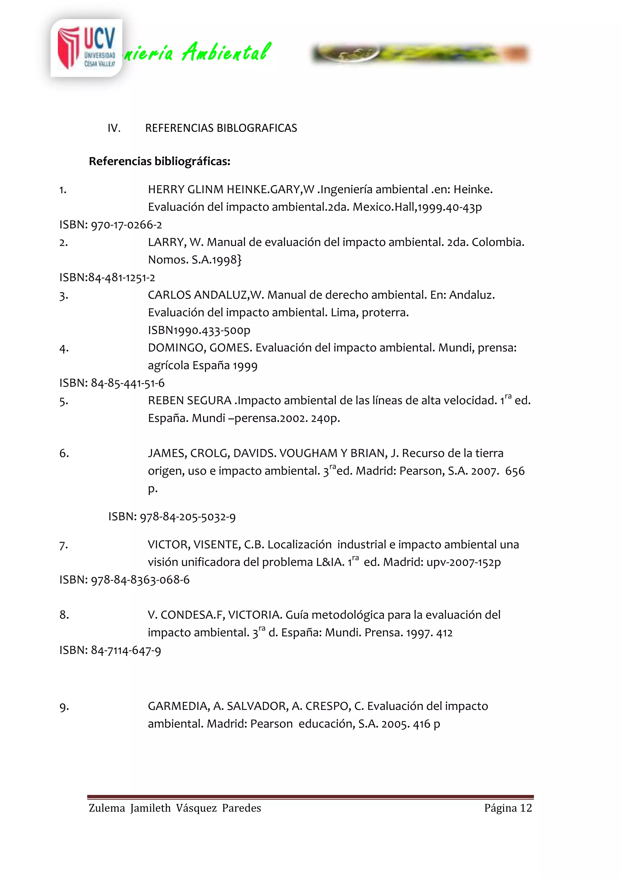 Ingeniería Ambiental
IV.

REFERENCIAS BIBLOGRAFICAS

Referencias bibliográficas:
1.

HERRY GLINM HEINKE.GARY,W .Ingeniería ambiental .en: Heinke.
Evaluación del impacto ambiental.2da. Mexico.Hall,1999.40-43p
ISBN: 970-17-0266-2
2.
LARRY, W. Manual de evaluación del impacto ambiental. 2da. Colombia.
Nomos. S.A.1998}
ISBN:84-481-1251-2
3.
CARLOS ANDALUZ,W. Manual de derecho ambiental. En: Andaluz.
Evaluación del impacto ambiental. Lima, proterra.
ISBN1990.433-500p
4.
DOMINGO, GOMES. Evaluación del impacto ambiental. Mundi, prensa:
agrícola España 1999
ISBN: 84-85-441-51-6
5.
REBEN SEGURA .Impacto ambiental de las líneas de alta velocidad. 1ra ed.
España. Mundi –perensa.2002. 240p.
6.

JAMES, CROLG, DAVIDS. VOUGHAM Y BRIAN, J. Recurso de la tierra
origen, uso e impacto ambiental. 3raed. Madrid: Pearson, S.A. 2007. 656
p.
ISBN: 978-84-205-5032-9

7.

VICTOR, VISENTE, C.B. Localización industrial e impacto ambiental una
visión unificadora del problema L&IA. 1ra ed. Madrid: upv-2007-152p
ISBN: 978-84-8363-068-6
8.

V. CONDESA.F, VICTORIA. Guía metodológica para la evaluación del
impacto ambiental. 3ra d. España: Mundi. Prensa. 1997. 412
ISBN: 84-7114-647-9

9.

GARMEDIA, A. SALVADOR, A. CRESPO, C. Evaluación del impacto
ambiental. Madrid: Pearson educación, S.A. 2005. 416 p

Zulema Jamileth Vásquez Paredes

Página 12

 