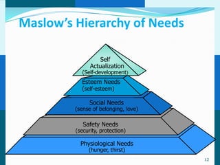 Maslow’s Hierarchy of Needs

                  Self
               Actualization
           (Self-development)
           Esteem Needs
           (self-esteem)

               Social Needs
         (sense of belonging, love)

            Safety Needs
         (security, protection)

           Physiological Needs
              (hunger, thirst)
                                      12
 